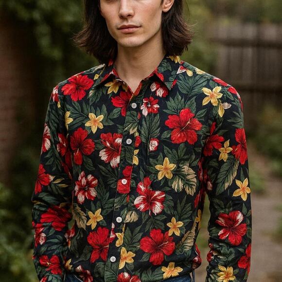 NWOT TUNEVUSE Hawaiian Floral Button Down Shirt Mens Small- Tropical Hibiscus - Picture 1 of 7